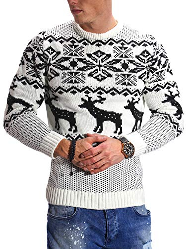 behype. Herren X-Mas Strick-Pullover Weihnachten Norweger Pulli mit Rentieren Sweatshirt 40-0184 Weiß XXL