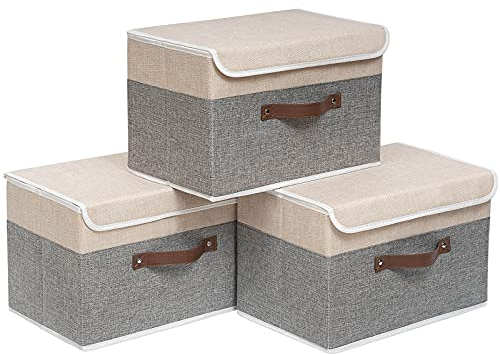 OUTBROS Aufbewahrungsboxe mit Deckel, 38 x 25 x 25 cm, Faltbare Stoffboxen,Aufbewahrungskörbe,kleiderschrank Organizer,Regalkörbe,Beige/Grau,3 Stück,ST02BGS3