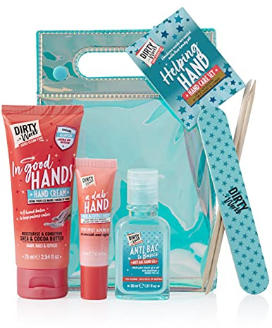 Dirty Works Helping Hand, Hand Care Gift Set, Hand Cream, Anti Bac Gel, Cuticle Balm, Nail File & Cuticle Stick, Vegetarian Travel Hand Treatment with Bag