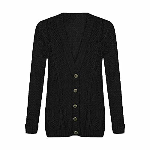 LUXE DIVA New Womens Everyday Long Sleeve Button Top Ladies Chunky Aran Cable Knit Grandad Cardigan UK Size 8-26 Black