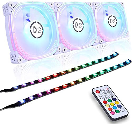 DS 120MM White PC Case Fans, RGB LED Fan with Controller for Computer Case, CPU Cooling, Radiators System(3Pack RGB Fans and 2Pack LED Strip with Magnet Design Kit, G Series)