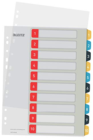 Leitz PC-beschriftbares Register in A4 Format, 15er Pack, 1-10, Robust, Mehrfarbig, Cosy-Serie, 12470000