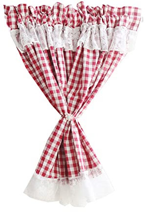 A.Monamour Rideau de Cuisine Court pour Petit Fenêtre Vichy Coton à Carreaux Rouges Voile Dentelle Blanc Opaque Rideau Brise-bise Rideaux à étages Rideaux à Disques Cantonnières Bistro Café - 1 pièce