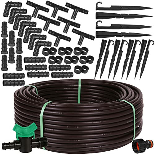 Tropfbewässerungs-Set, Tropfschlauch mit Kompensationsdruck, Tropflinie, Gartenschlauch, hergestellt in der EU (16 mm/2,2 LPH, 100 m + Zubehör, braun)