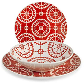H&H Salvador Servizio Tavola, 18 Piatti, Materiale Stoneware, Decoro Rosso