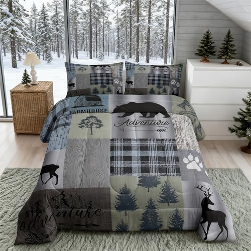Jagd-Camping-Steppdecken-Set, voll, grau, grün, geometrisches Karomuster, Patchwork-Steppdecke, 3-teiliges Set für Kinder, Jungen, Herren, rustikale Bauernhaus-Tagesdecke, 2 Kissenbezüge