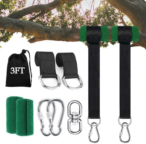 Werfeito Tree Swing Straps Hanging Kit (Set of 2), 3FT/10FT/20FT/30FT Tree Swing Straps Holds 2500 lbs with Tree Protector, Safety Lock Carabiner and Swivel Perfect for Swings & Hammocks(3 FT)
