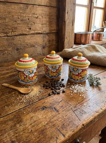 Generico Set di 3 barattoli di sale zucchero e caffè in ceramica siciliana giallo rosso blu di santo stefano di camastra decorata a mano Fiore rosso Art 8