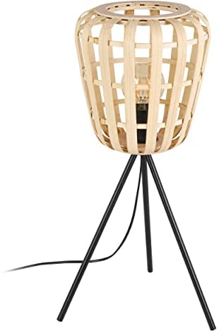 EGLO Tischlampe Montezuelo, Stativ Nachttischlampe Boho Style, Dreibein Tischleuchte aus Bambus in Natur und Metall in Schwarz, Deko Lampe mit E27 Fassung