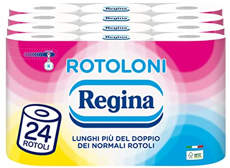 Regina Rotoloni - 24 Maxi Rotoli di Carta Igienica, 500 Fogli a 2 Veli, Lunghi Più del Doppio dei Normali Rotoli, Confezione 50% in Plastica Riciclata, Carta 100% Certificata FSC