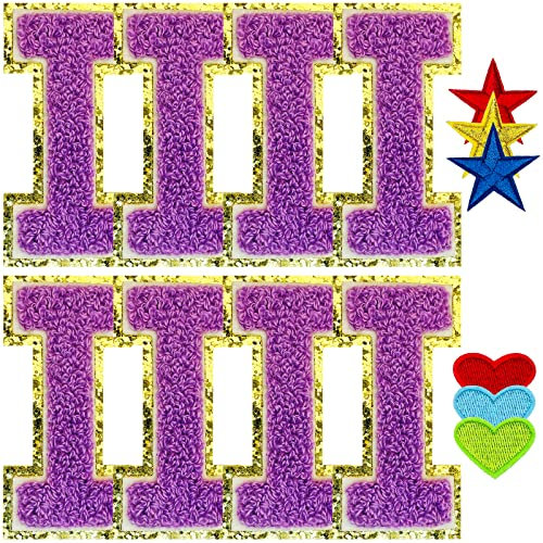 Jongdari Buchstaben zum Aufbügeln für Kleidung, Glitzer, Varsity, Chenille, Buchstabenaufnäher, Alphabet, Nähapplikationen mit gebügeltem Kleber – 8 Stück, Violett I