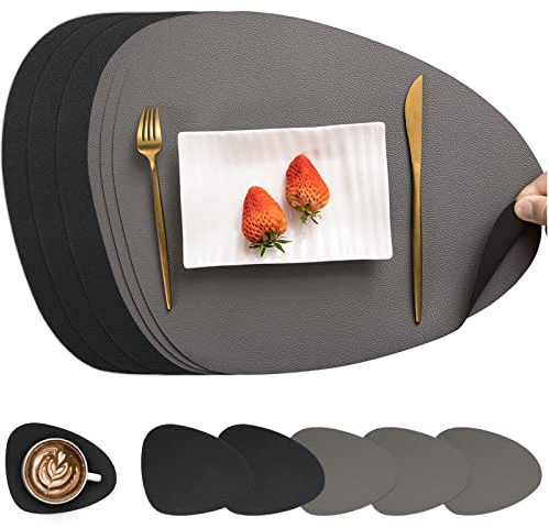 Myir JUN Tischsets Leder und Untersetzer, Tischsets Abwaschbar Rund Doppelseitigen rutschfest Platzdeckchen Leder Kunstleder Tischset Lederoptik Platzset (Grau Schwarz, Satz von 6)