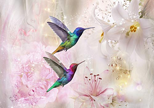 decomonkey Premium Fototapete Blumen Vogel 350x256 cm XL Design Tapete Fototapeten Vlies Tapeten Vliestapete Wandtapete moderne Wandbild Wand Schlafzimmer Wohnzimmer Kolibri Abstrakt bunt