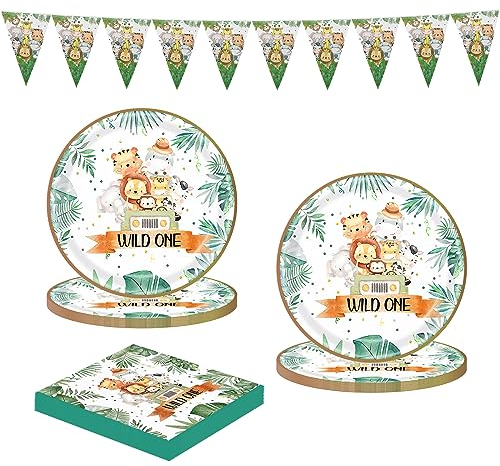 YPLonon Jungle Safari Theme Plates Set Wild One Jungle Animals Party Set Birthday Party Supplies Paper Plates and Napkins Cups Party Tableware Dinnerware for Birthday Baby Shower