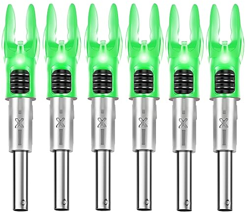 DEEPOWER X Lighted Nocks for Arrows .204”/.233”/.244”/.246” with ON/Off Switch 6-Pack with H, S, GT Bushings (Green-6Pack)
