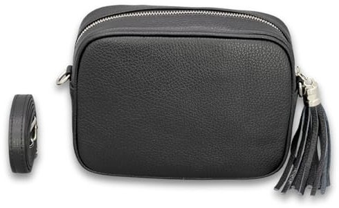 BRISE Umhängetasche Damen Echtleder KIRA Silber Handgemachte Crossbody Bag Schultertasche mit Ledergurt Gürteltasche Made in Italy (Schwarz - 1)