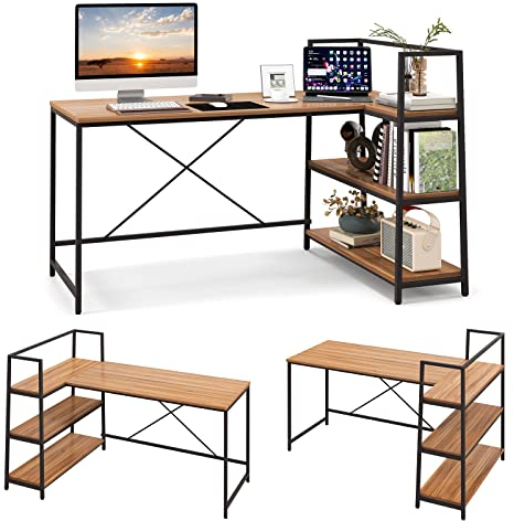 COSTWAY Schreibtisch mit Regalen, Computertisch L-förmig, Eckschreibtisch Bürotisch PC-Tisch Holz, Arbeitstisch Metallgestell, für Home Office, Büro, Arbeitszimmer, 148x100x90 cm (Walnuss)