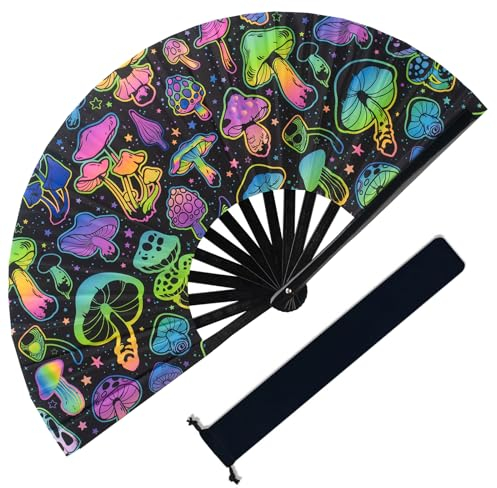 ERDOGLY Large Rave Hand Fan, UV Glow Rave Folding Fan, Festival Handheld Clack Fan for Men/Women, Mushrooms Fabric Folding Fan for Party, Music, EDM, Drag Queene Dance Performance Decoration Gift