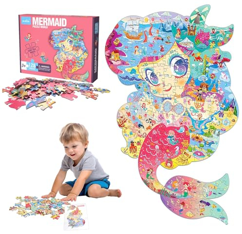Gebiuhoo Puzzle Meerjungfrau für Kinder 128 Teile Mermaid Puzzle Cartoon Kinderpuzzle mit Geschenkbox Jigsaw Spielzeug Nahtlose Nähte für ab 4, 5, 6, 7, 8, 9, 10, 11, 12 Jahren Jungen Mädchen
