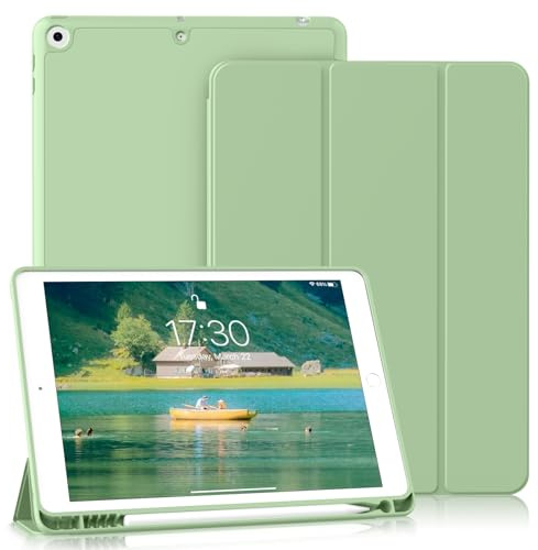 BQDIYOO Hülle für iPad 9. / 8. / 7. Generation mit Stifthalter 10.2 Zoll für iPad 9/8/7 (2021/2020/2019), Weiche Silikon Schutzhülle, Auto Schlafen/Wache, Hellgrün