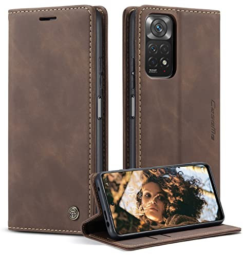Handyhülle für Xiaomi Redmi Note 11 Hülle, für Xiaomi Redmi Note 11S 4G Hülle , Klapphülle Premium Lederhülle Klappbar Flip Case Tasche Magnet Kartenfach Standfunktion Klapphülle Schutzhülle, Kaffee