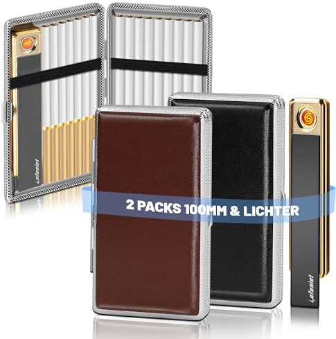 Lafagiet 2 Pack Zigarettenetui mit Feuerzeug für 100 's King Size, Retro PU Leder 100mm Vintage Zigarettenetuis für Herren Frauen Geschenke (Schwarz + Braun)
