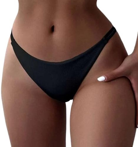 Damen Bikini Hose String Bikinis High Waist Sexy Bikinihose Tanga Brazilian Bikini Bottom Swimsuits Retro Ruched Bauchweg Klassisch Schwarze Badehose Strandhose Grosse Grössen für Frauen (Black-E, L)