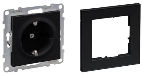 LEGRAND, SEANO+ Set, Schutzkontakt-Steckdose mit erhöhtem Berührungsschutz, Anschlussdose, Steckklemmen, 16A, 250V & 1-fach Rahmen, halogenfreies Thermoplast, Schwarz, 765320 & 765381