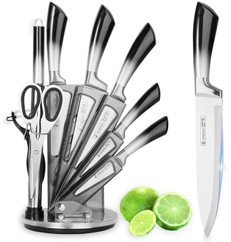 Messerset mit Messerblock Set, 9-Teiliges Küchenmesser Set mit Drehbare Acryl Messerblock, Sharp Antihaft Beschichtete Kochmesser Block Set mit Schärfer,Geschenk für Mädchen (grau)