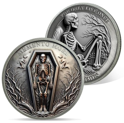 AtSKnSK Memento Mori Münze Man lebt nur einmal Totenkopf Herausforderungs Münze coole Geschenke zum Thema Stoizismus Medaillon Chip Stoische Geschenke Erinnerungsstück für Damen Männer