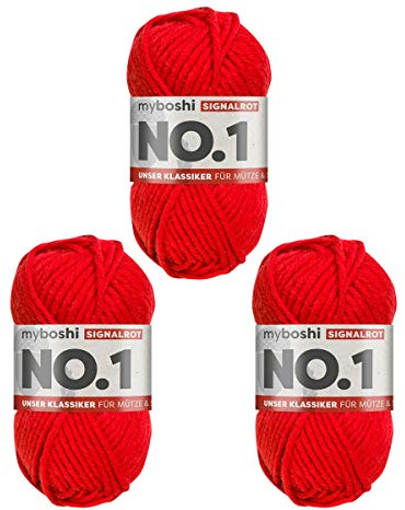 myboshi No.1 Wolle zum Häkeln und Stricken, Schnellstrickgarn, langlebige Mützenwolle, Strickwolle, Häkelwolle, mulesing-frei, 50g, Ll 55m Rot (Signalrot) 3 Knäuel