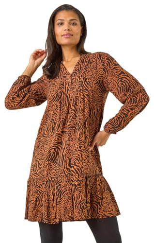 Roman Originals Smock Dress for Women UK Ladies Cotton Summer Embroidered Frilled Tiered Casual Beach Cruise Holiday Cocktail Party 3/4 Sleeve Pull On Gathered Skirt