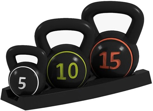 SPORTNOW Lot de 3 Kettlebells, 2,2, 4,5 et 6,8 kg, sports fitness training, grip antidérapant, avec plateau de rangement, noir