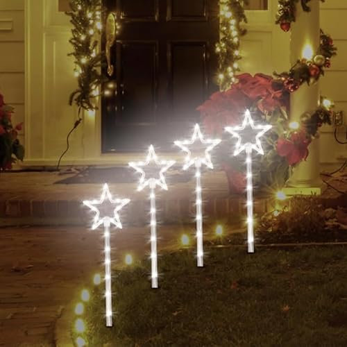 ALAYSTAR Christmas Candy Cane Pathway LED Lights with Timer Battery Powered Outdoor Xmas Holiday Garden Decor Weather-Resistant Xmas Driveway Stakes Festive Outdoor Decoration (4 STAR COOL WHITE)