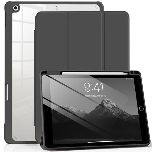 aoub Case for iPad 9th/8th/7th Generation 10.2 Inch (2021/2020/2019) | Transparent Protective Case for iPad 10.2 9/8/7 Gen with Pencil Holder, Shockproof Clear Cover, Auto Wake/Sleep, Black