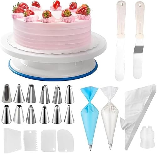 Ymopd 71PCs Cake Decorating Kit - Rotating Cake Stand with Non Slip pad-7 Piping Tips & 20 Bags-Straight & Offset Spatula-3 Scraper Set Other Baking Supplies