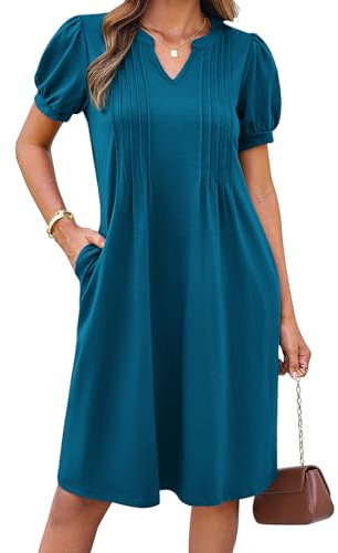 GRACE KARIN Ladies' Summer Dress Midi A-Line Short Sleeves Cotton Dress Casual Prom Wedding Guest Dresses Peacock Blue S