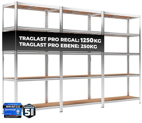 ALL Premium Schwerlastregal 3er-Set 180x90x40cm Silber – Bis 1250 kg belastbar, höhenverstellbar, Stecksystem, ideal für Lager, Garage & Keller