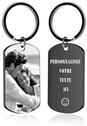 Porte-Clés Personnalisable avec Photo et Gravure Texte Double Face Porte Clef Personnalisé Cadeau pour Homme Femme Couples Amis et Famille (Gravure Noir)