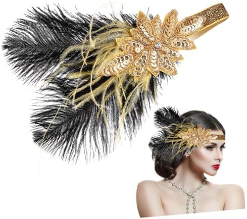 VINTORKY Elegant Gold Plume Headband Rhinestones for Women for Flapper Costumes