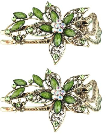 2 Flores Centrilla De Pelo, Exquisitos Accesorios Para El Cabello De Moda, Pinza Para El Cabello De Cristal De Las Mujeres, Linces De Cabello Verde, Clip De Decoración Peinado