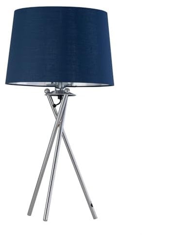 Tripod Table Lamp or Bedside Light, Chrome with Navy Blue & Silver Fabric Shade, LED Compatible, Height 53cm, Inline Switch
