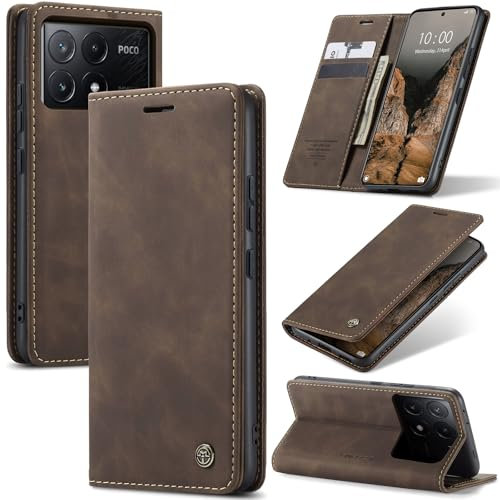 Azororo Coque pour Xiaomi Poco X6 Pro 5G Premium Housse Cuir Protection Pochette Rabat Portefeuille Flip Case Porte Magnétique Coque Étui pour Xiaomi Poco X6 Pro, Café