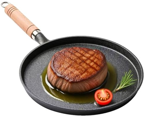 DASIAUTOEM Gusseisenpfanne, Induktion Grillpfanne 20cm, Cast Iron Pan Gusspfanne mit Holzgriff, Runde Pfanne Gusseisen, Kleine Steakpfanne Gusseisen Bratpfanne für Gasgrill,Gas,Camping Outdoor Kochen