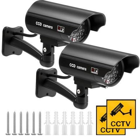 muhogxio 2 Stück Kamera Attrappe Außen,Dummy Überwachungskamera mit LED Licht Rot Blinkender, Kamera Dummy Fake CCTV Kameraatrappe Aussenbereich,Fake Kamera für Innen und Außenbereich