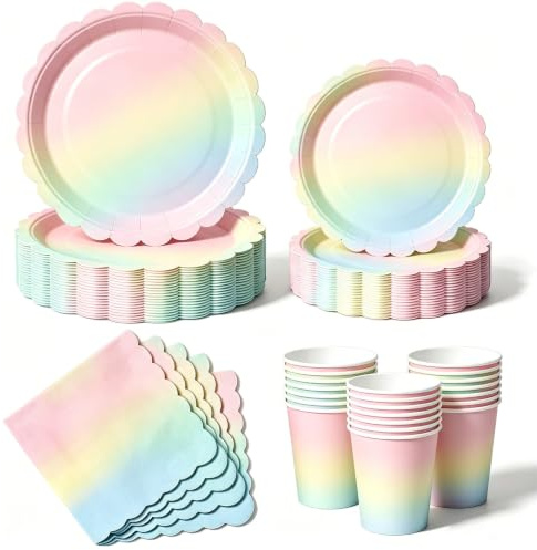 Nkaiso 50 Pcs Rainbow Scalloped Paper Plates and Napkins Set for 10
