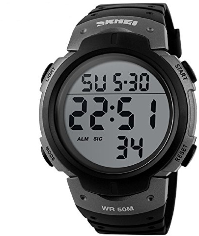 Herren-Sport-Digitaluhr, 5 ATM, wasserdicht, große LED-Zahlenanzeige, Lumious Stoppuhr, Alarm, Outdoor-Armee-Uhr, 1068, silber, Digital