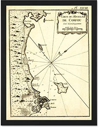Wee Blue Coo Map Antique Corfu Island Greece Greek Art Large Framed Art Print Poster Wall Decor 18x24 inch