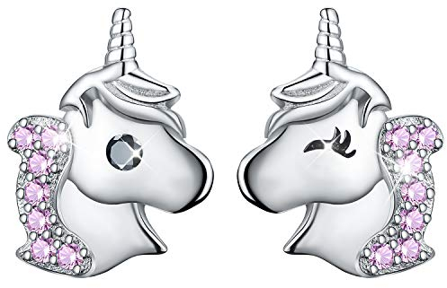 ✦Weihnachtsgeschenke für Kinder✦Winglove Einhorn Ohrringe Mädchen, Einhorn Ohrringe mit Zirkonia Asymmetrie Ohrringe Kinder Ohrringe Stecker Einhorn, Einhorn Geschenke für Mädchen.(Pink)