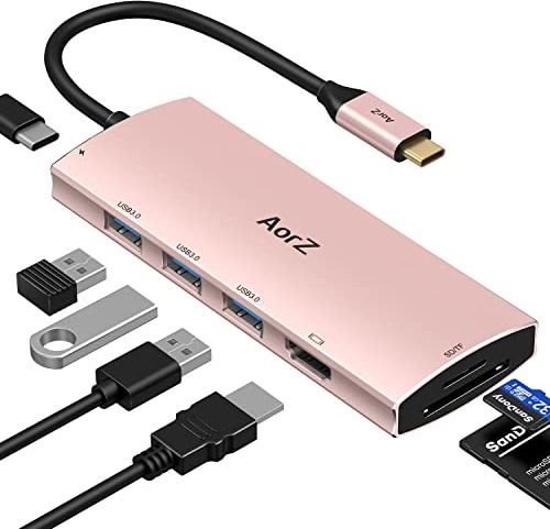 Hub USB C, adattatore USB a HDMI multiporta AorZ USB C adattatore 7 in 1 con uscita HDMI, 3 porte USB 3.0, porta SD/Micro SD, porta di ricarica PD USB C HUB (rosa)